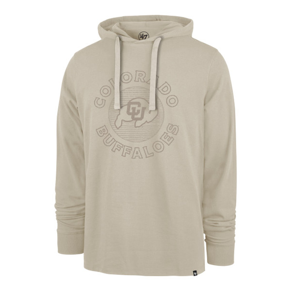 A pale yellow hoodie with an adjustable hood and a brown C-U Buffalo logo surrounded by circular "Colorado Buffaloes" lettering.