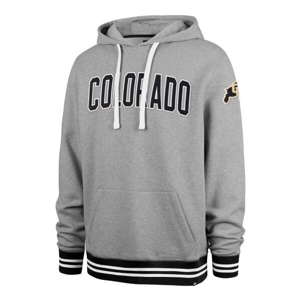 Front of a gray hoodie with bold black and white "COLORADO" lettering across the chest, striped cuffs and hem, white drawstrings, and the CU Buffaloes logo on the left sleeve.