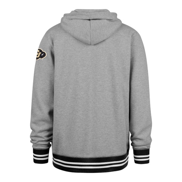 Back of a gray hoodie with a plain design, featuring a hood and black ribbed cuffs and hem accented with white stripes. The CU Buffaloes logo is visible on the left sleeve.