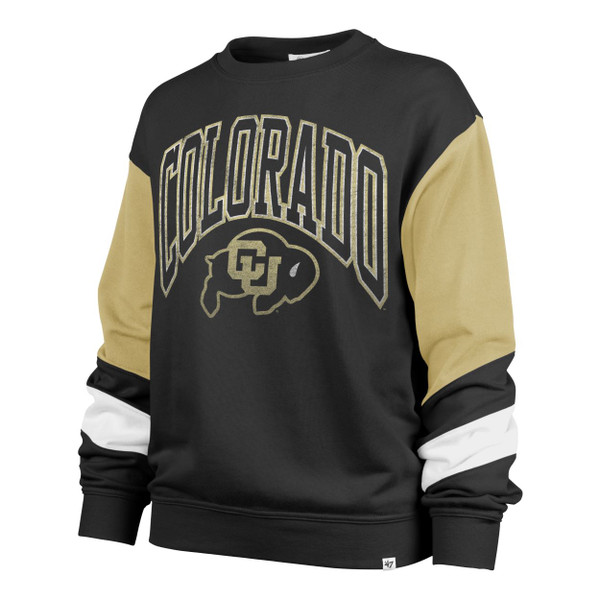 This is a black sweatshirt that has Colorado arched across the front with a CU Buffalo Logo Underneath. The sleeves each have a large section of gold on top and a smaller white section at the bottom.