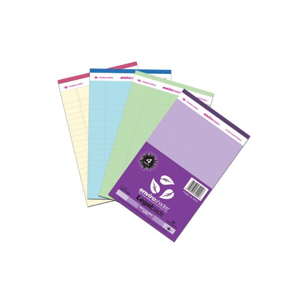 Four assorted Roaring Spring Environotes legal pads in pastel colors—yellow, blue, green, and purple—fan displayed with lined pages and top binding.