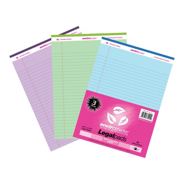 Three eight and a half by eleven and three quarter inch legal pads in blue, green, and purple.