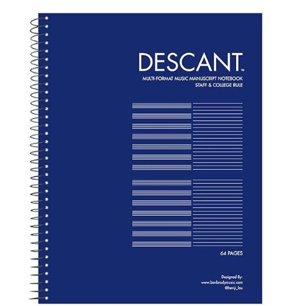 A Descant multi-format music manuscript notebook in blue.