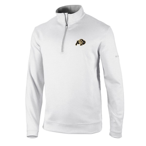 A white Columbia omni wick quarter zip pullover with CU buffalo logo.