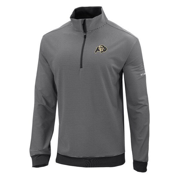 The black and white frontside of a Columbia quarter zip striped pullover with CU buffalo logo and black sleeve cuffs.