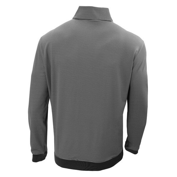 The black and white backside of a Columbia quarter zip striped pullover with black sleeve cuffs.