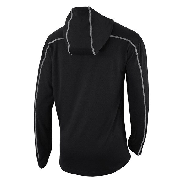 The all black backside of a Columbia omni wick shotgun hoodie with white seam detailing.