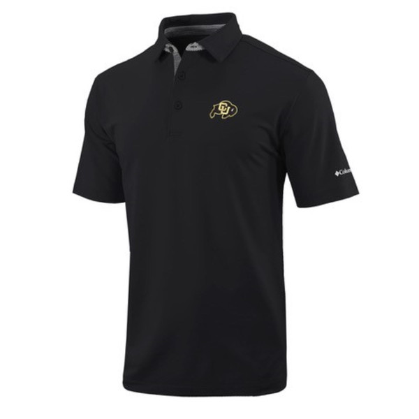 The frontside of a black button down Columbia polo shirt with a CU buffalo logo on left chest and a striped inner collar design.