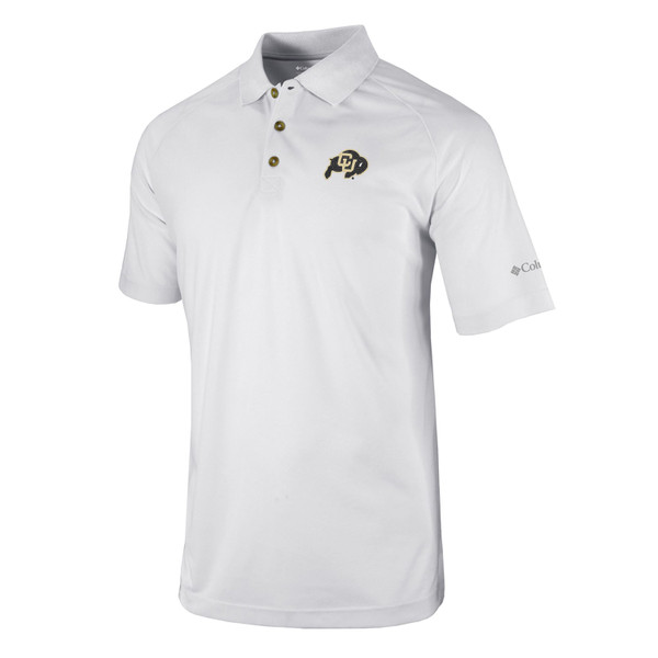 A white quarter button up collared polo with a C-U Buffalo patch on the left chest.