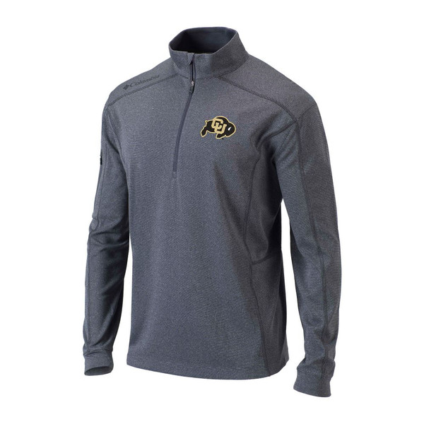 A charcoal heather, lightly striped Columbia quarter zip pullover with a mock collar and CU buffalo logo.