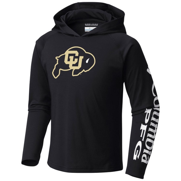 A black hoodie with a c-u buffalo logo front and center, and Columbia PFG lettering on the left sleeve.