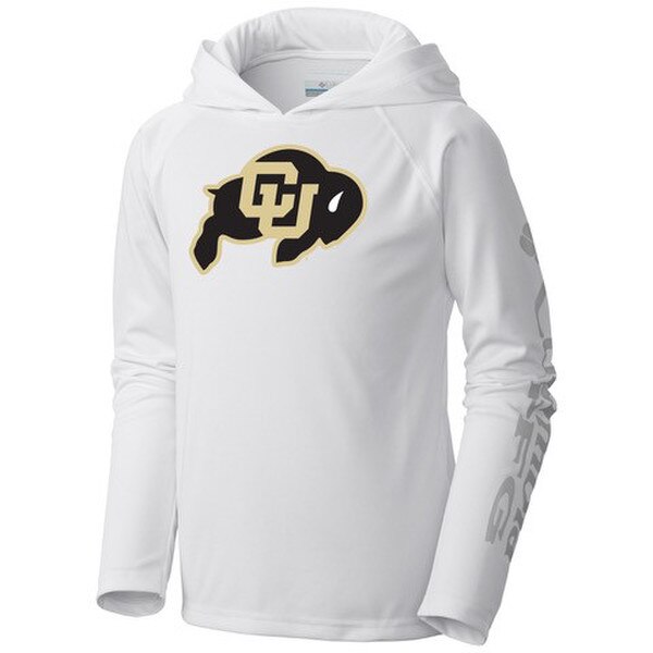A white hoodie with a c-u buffalo logo front and center, and Columbia PFG lettering on the left sleeve.