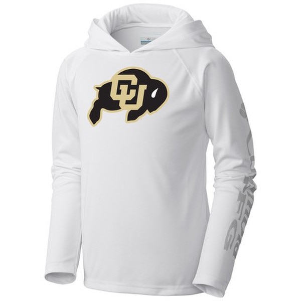 A white hoodie with a c-u buffalo logo front and center, and Columbia PFG lettering on the left sleeve.