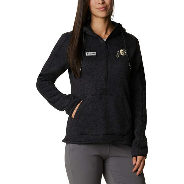 A black half zip hoodie with a large kanga pocket, featuring a C-U Buffalo logo on the left and a Columbia logo on the right.