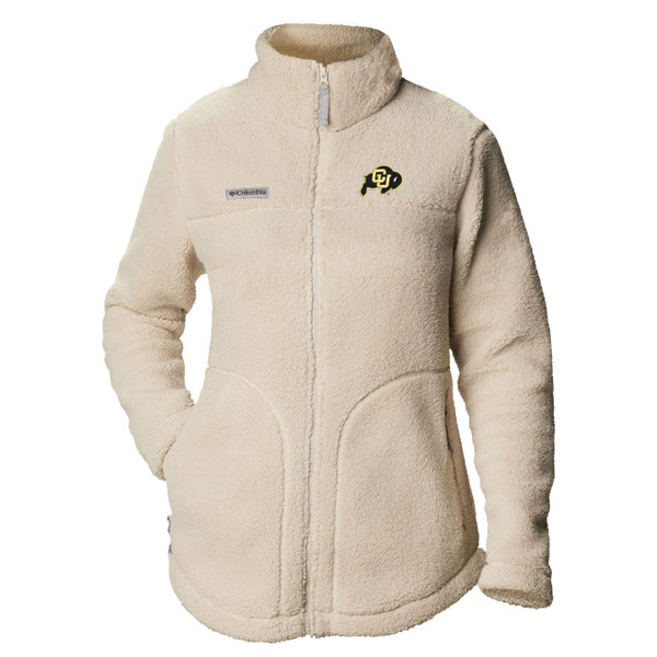 An oatmeal fleece full-zip collared jacket with two front zippered pockets, adorned with a C-U Buffalo logo on the left chest and a Columbia logo on the right chest.