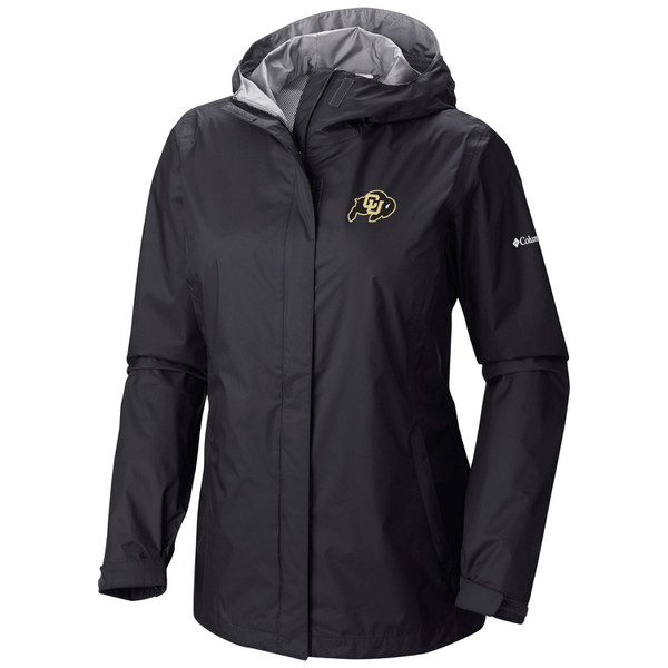 A black full-zip hooded jacket with two front zippered pockets, adorned with a C-U Buffalo logo on the left chest and a Columbia logo on the left arm.