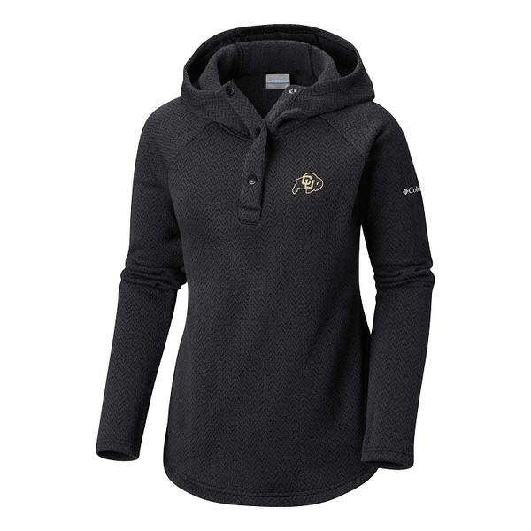 A black quarter-snap hooded jacket, adorned with a C-U Buffalo logo on the left chest and a Columbia logo on the left arm.