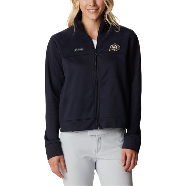 A black full-zip, mock neck, women's jacket with the Colorado Buffaloes logo on the upper left chest.