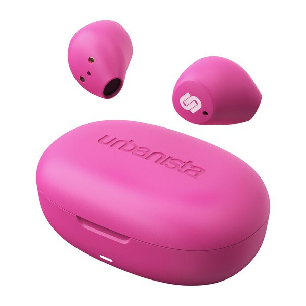 A hot pink pair of stemless earbuds with the Urbanista logo on the sides. Also shows a pink earbud case with "urbanista" written on top.
