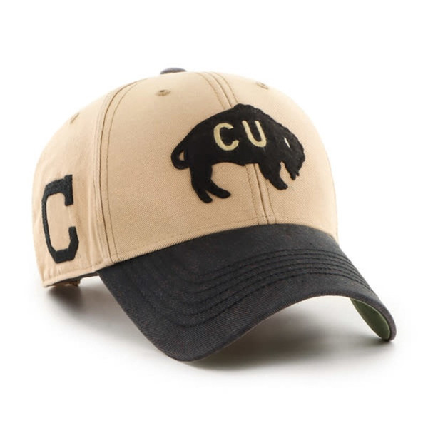 A khaki '47 Brand adjustable MVP hat with a black curved bill, CU buffalo, and C on the right side.