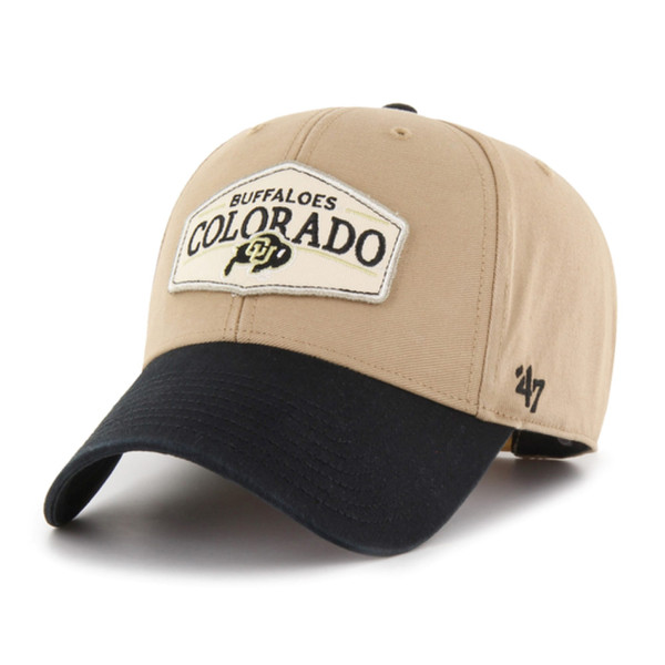 A tan '47 Brand baseball hat with a black brim and a cream colored diamond patch with "Colorado Buffaloes" in black lettering and the CU Buffalo logo on the center.