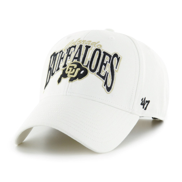 A white '47 Brand baseball hat with "Colorado" written in gold script and "Buffaloes" written in black block letters below it. There is also the CU Buffalo logo below "Buffaloes".