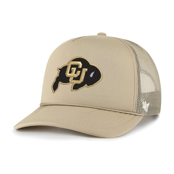 A '47 Brand tan trucker hat with the CU Buffalo logo embroidered on the front center.