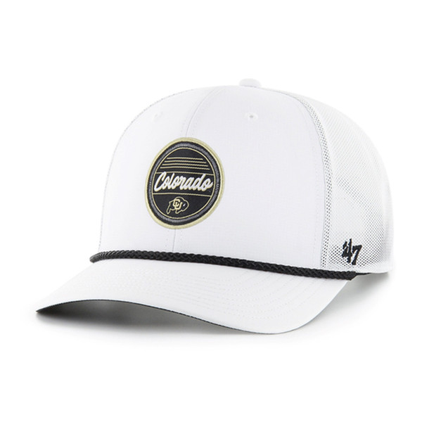 A white '47 Brand trucker hat with a black circle patch featuring "Colorado" in white script and the CU Buffalo logo, as well as a black braided rope across the brim.