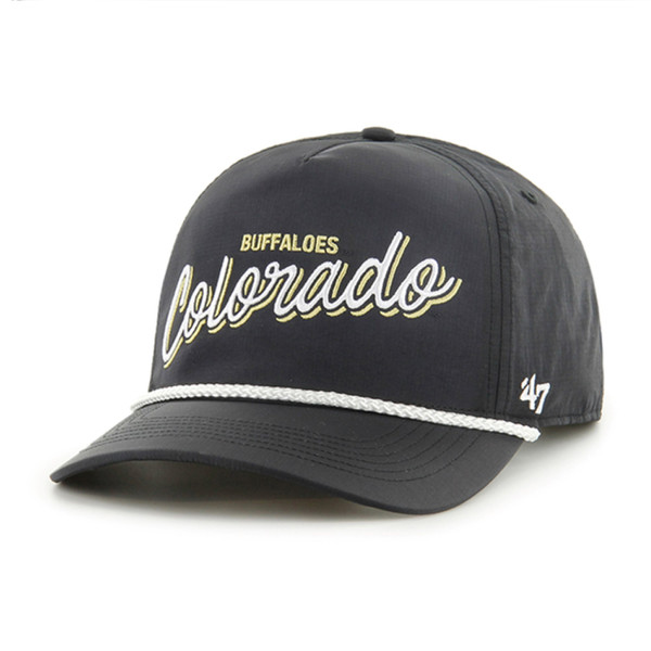 A black 47 brand hat featuring "Colorado" in white script across the front and "Buffaloes" in block yellow letters above with a white braided rope across the brim.