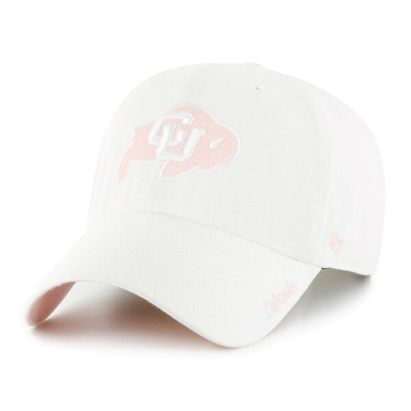 This is a white hat with a white and pink C.U. Buffalo logo on the front. the underside of the bill is the same pastel pink as the logo.