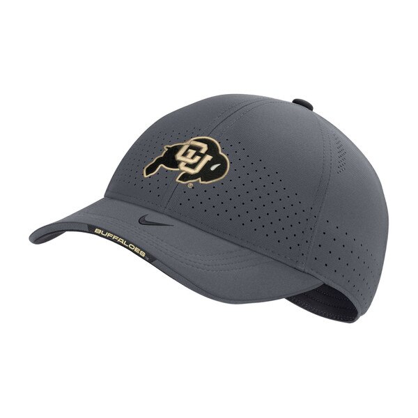 A gray Nike hat with the CU Buffalo logo on the center front, and "Buffaloes" embroidered on the edge of the brim in gold on a black rectangle patch.