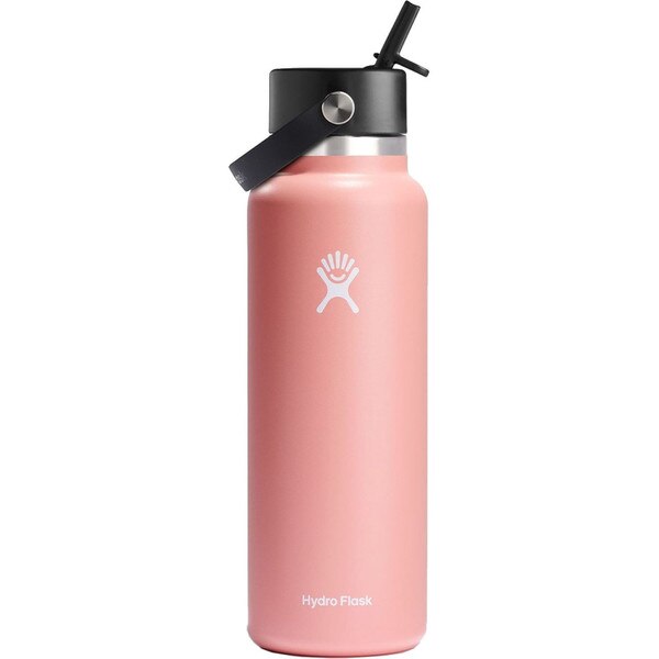 A forty ounce pink hydro flask with a wide flex straw cap.