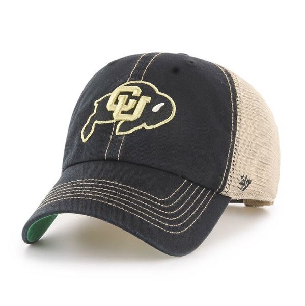 CU Buffs black and tan mesh trucker hat with curved bill and embroidered CU Buffaloes logo on the front