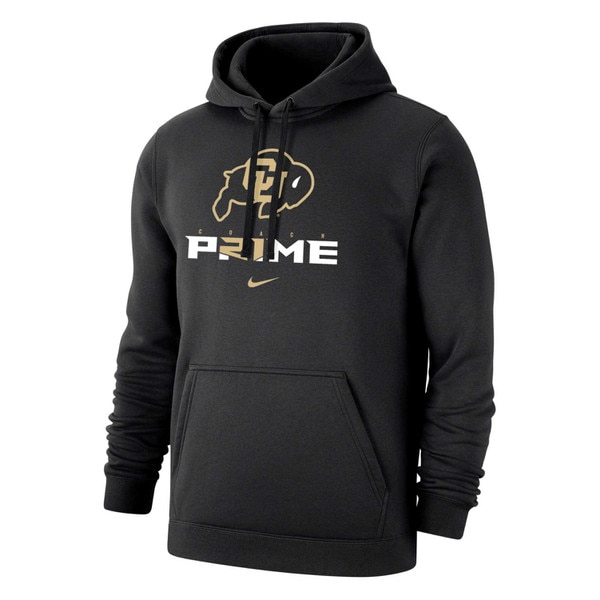 Front view of black Nike hoodie with CU Buffaloes logo and Coach Prime graphic