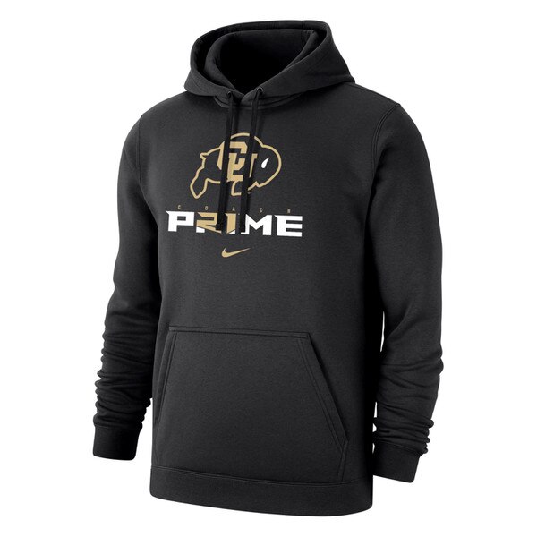 Black Nike hoodie featuring Coach Prime text and Colorado Buffaloes logo on front