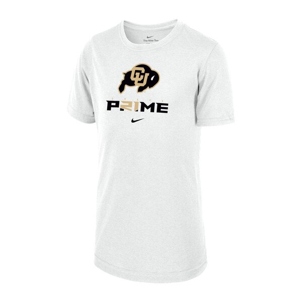 This is an all white kids t-shirt featuring the Coach Prime logo in black with gold on the "R" and "I" in "Prime." The CU Ralphie logo is above the text and the Nike swoosh is below the text.