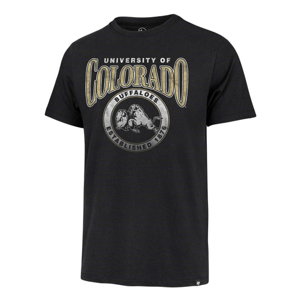 Black t-shirt featuring “University of Colorado” text above a circular “Buffaloes Established 1876” graphic with a vintage CU Buffaloes logo in the center.