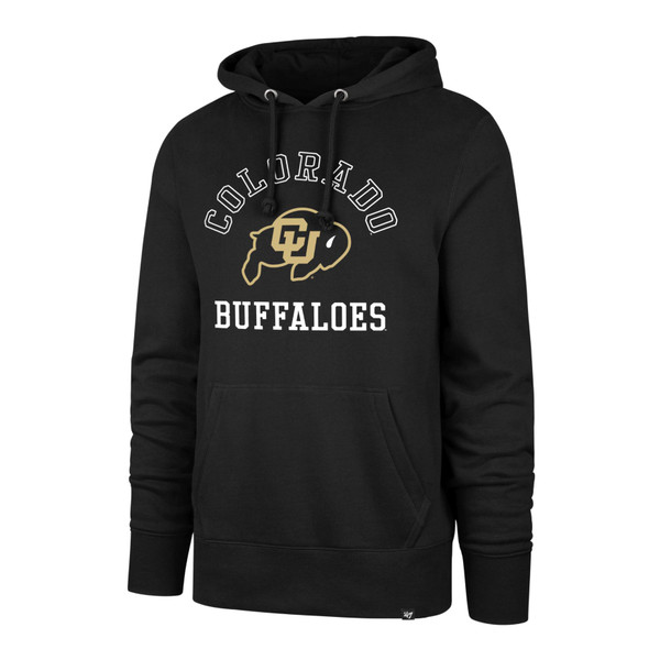 A black hoodie featuring Colorado Buffaloes lettering and a CU Buffalo logo with a drawstring hood and a large kanga pocket.
