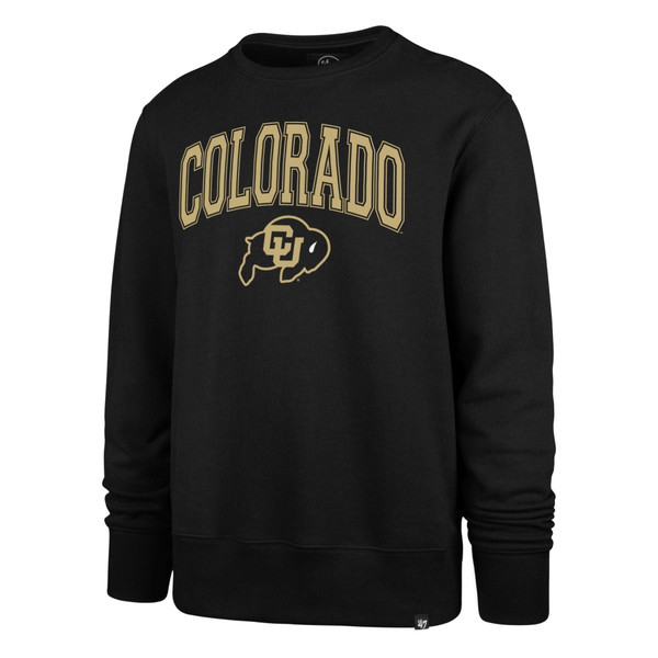 A black crewneck with Colorado in arched Vegas Gold lettering and a C-U Buffalo logo underneath.