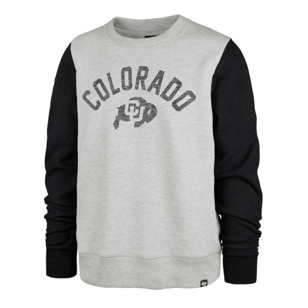 A gray and black color block crewneck with a dark gray C-U Buffalo logo and Colorado lettering in the center.