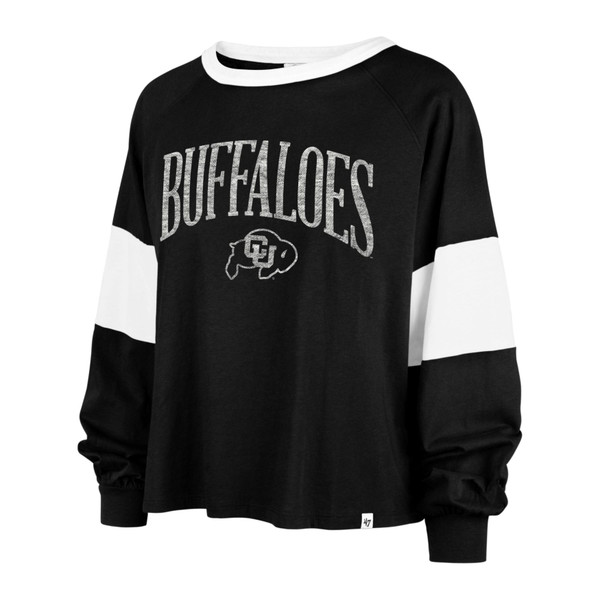 Black long-sleeve shirt with CU Buffalo logo with arched "Buffaloes" above. White accents are on the collar, and thick stripe on each sleeves.