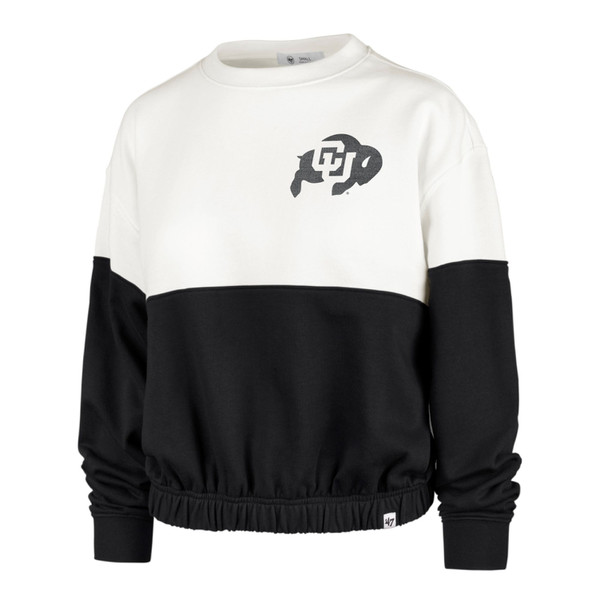 A half white and half black crewneck with a sinched waist, featuring a black C-U Buffalo logo on the left chest.