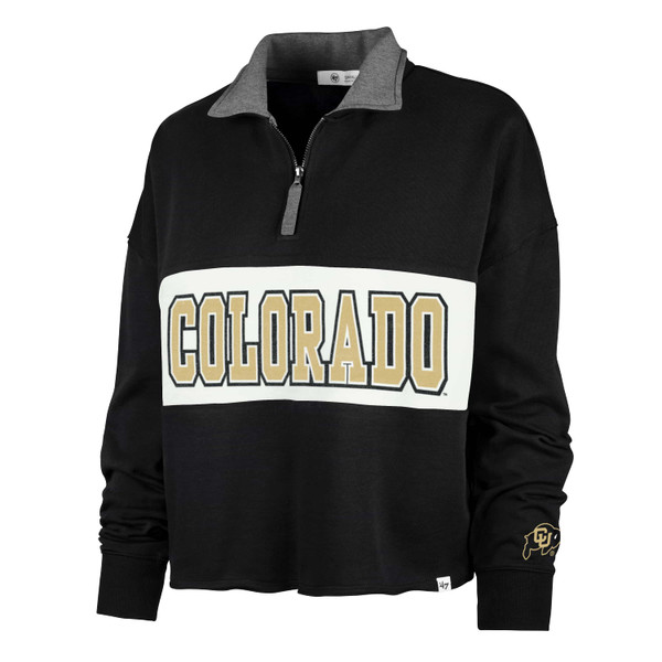 A black quarter zip collared sweatshirt with a white strip in the middle with Colorado written within it in Vegas Gold lettering.