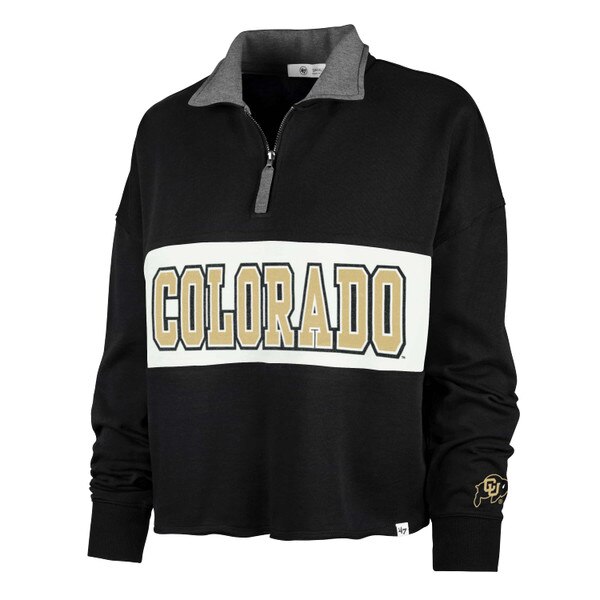 Black quarter-zip sweatshirt with gray collar, white chest stripe, and “Colorado” in vegas gold block letters