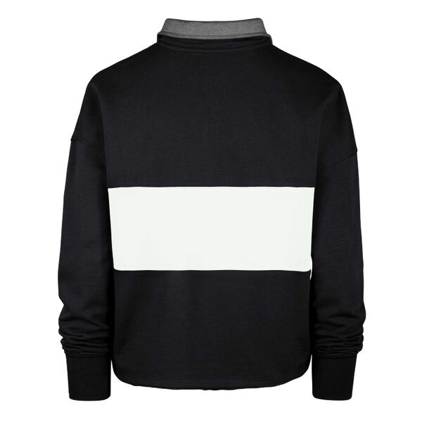 Back view of black quarter-zip sweatshirt with gray collar and plain white horizontal stripe across mid-back