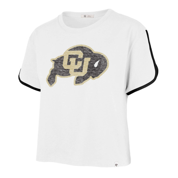 White crop top with CU Buffalo logo in center with black accents on sleeves.