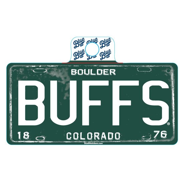 This sticker has Buffs in bold print across the front. The license plate itself is green and has Boulder at the top and Colorado on the bottom. The establishment year, 1876 split to either side.