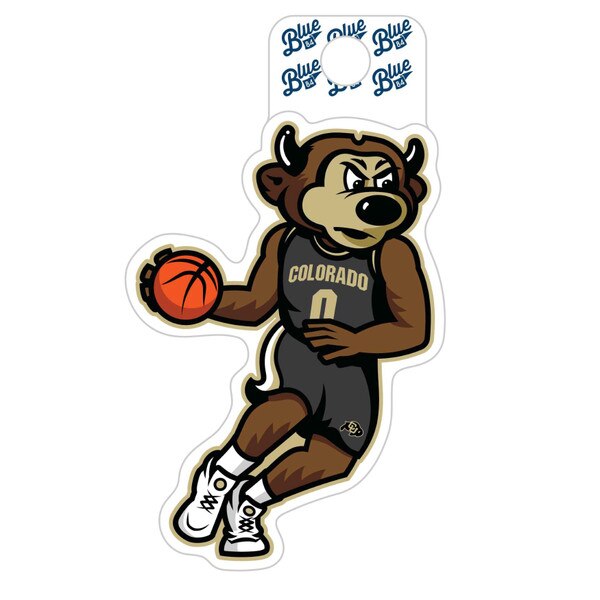This sticker has the Chip mascot dressed in a basketball uniform. He wears a black Colorado jersey, black shorts, and white shoes. He has a basketball in his right hand. .