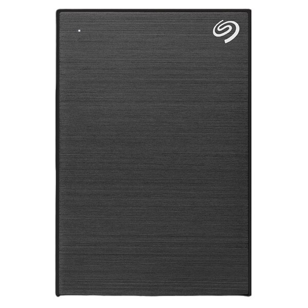 An external hard drive that is black with the Seagate logo in the upper right corner.