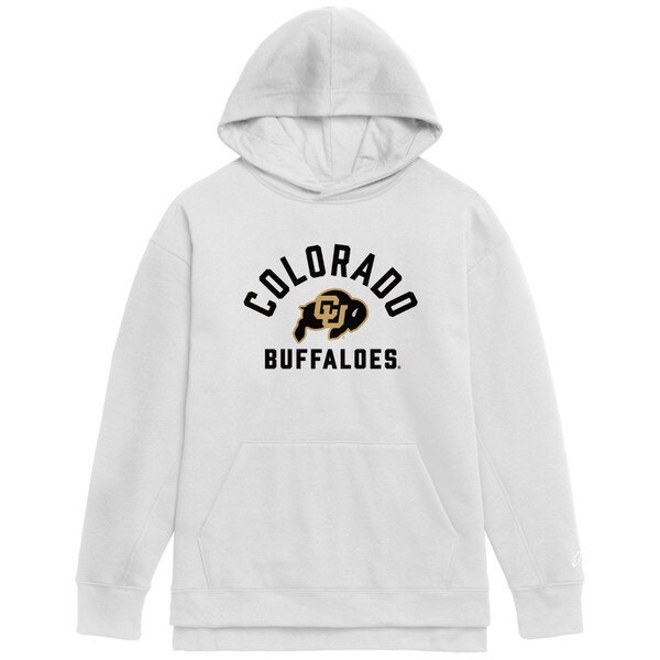 This is a white hoodie. The text on the hoodie is black and embroidered. The C.U. Buffalo logo is black and gold.